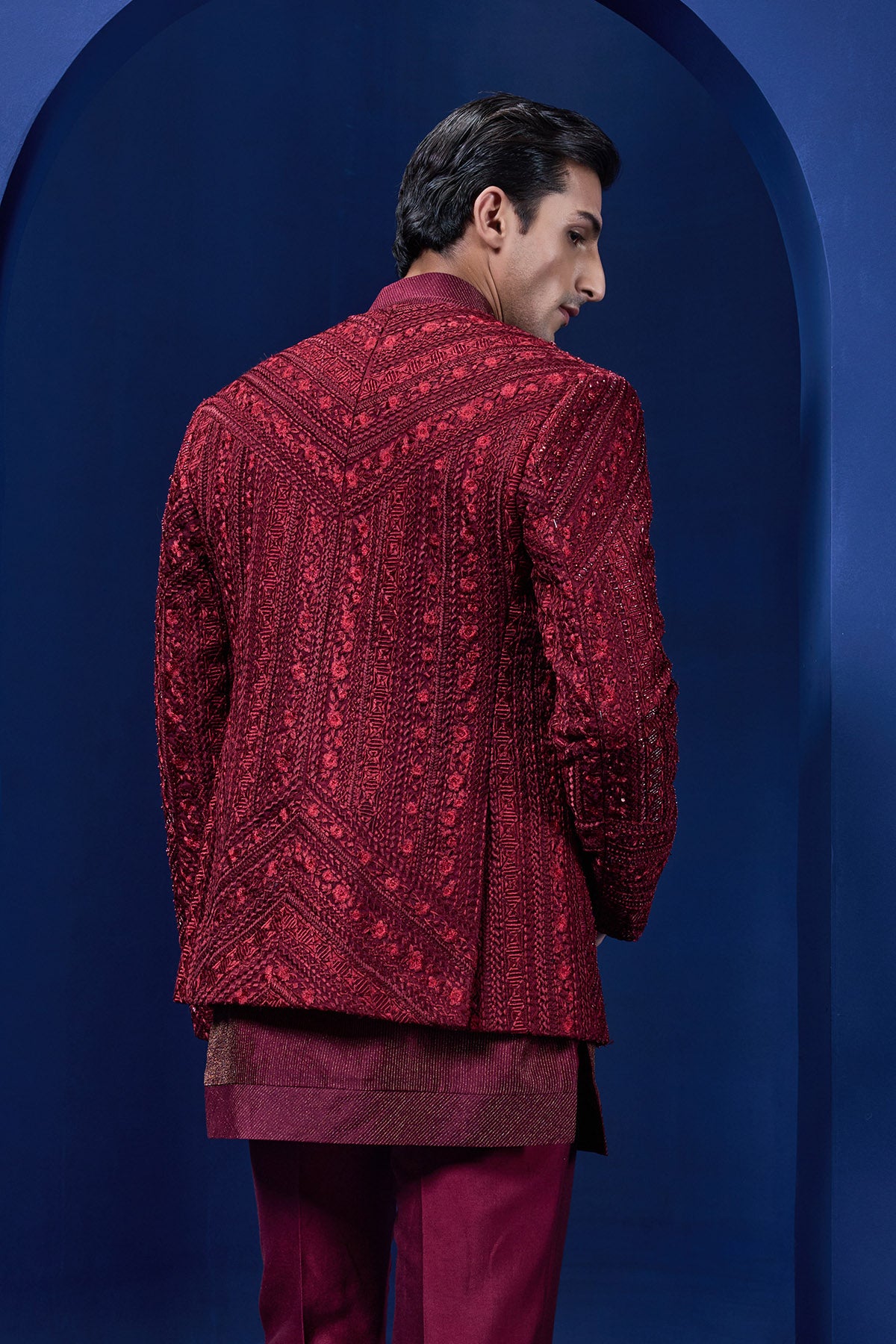 Wine open bandhgala 
with thread , sequins & pearl
work