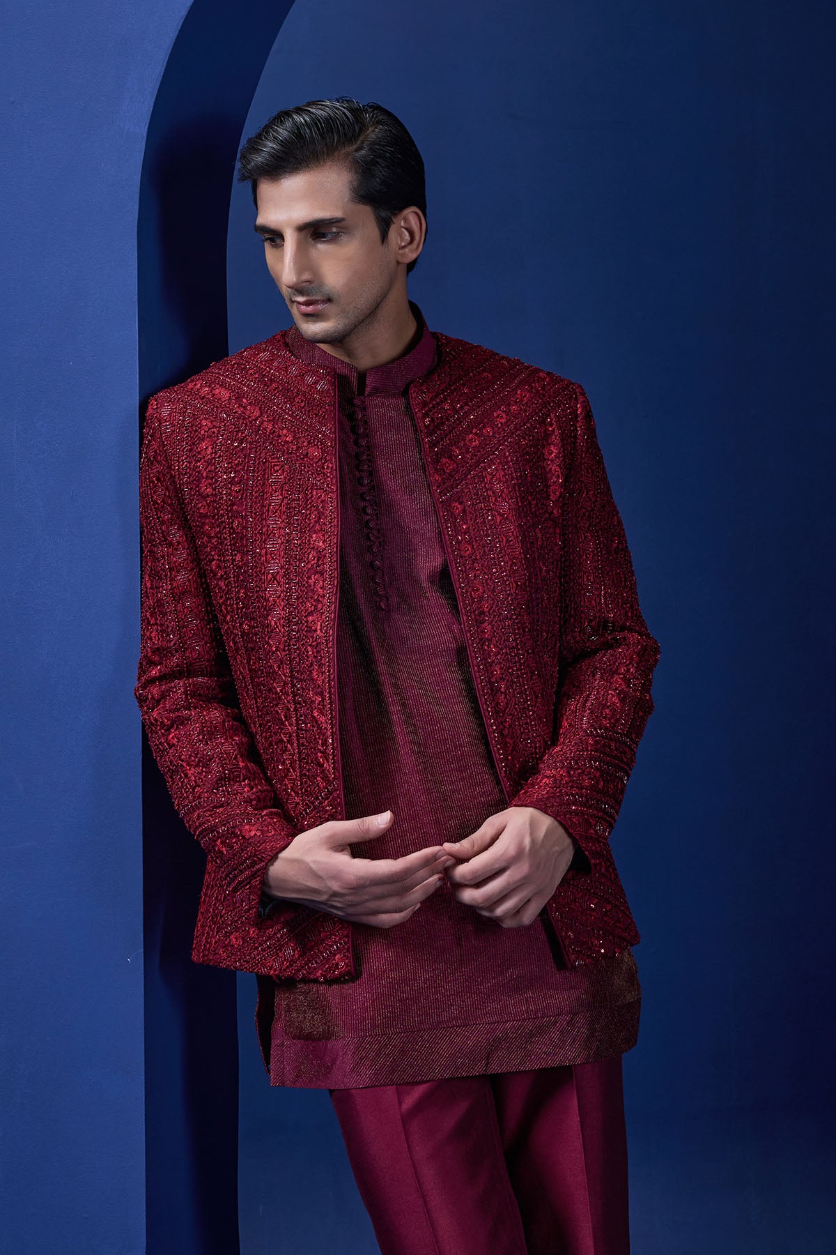 Wine open bandhgala 
with thread , sequins & pearl
work