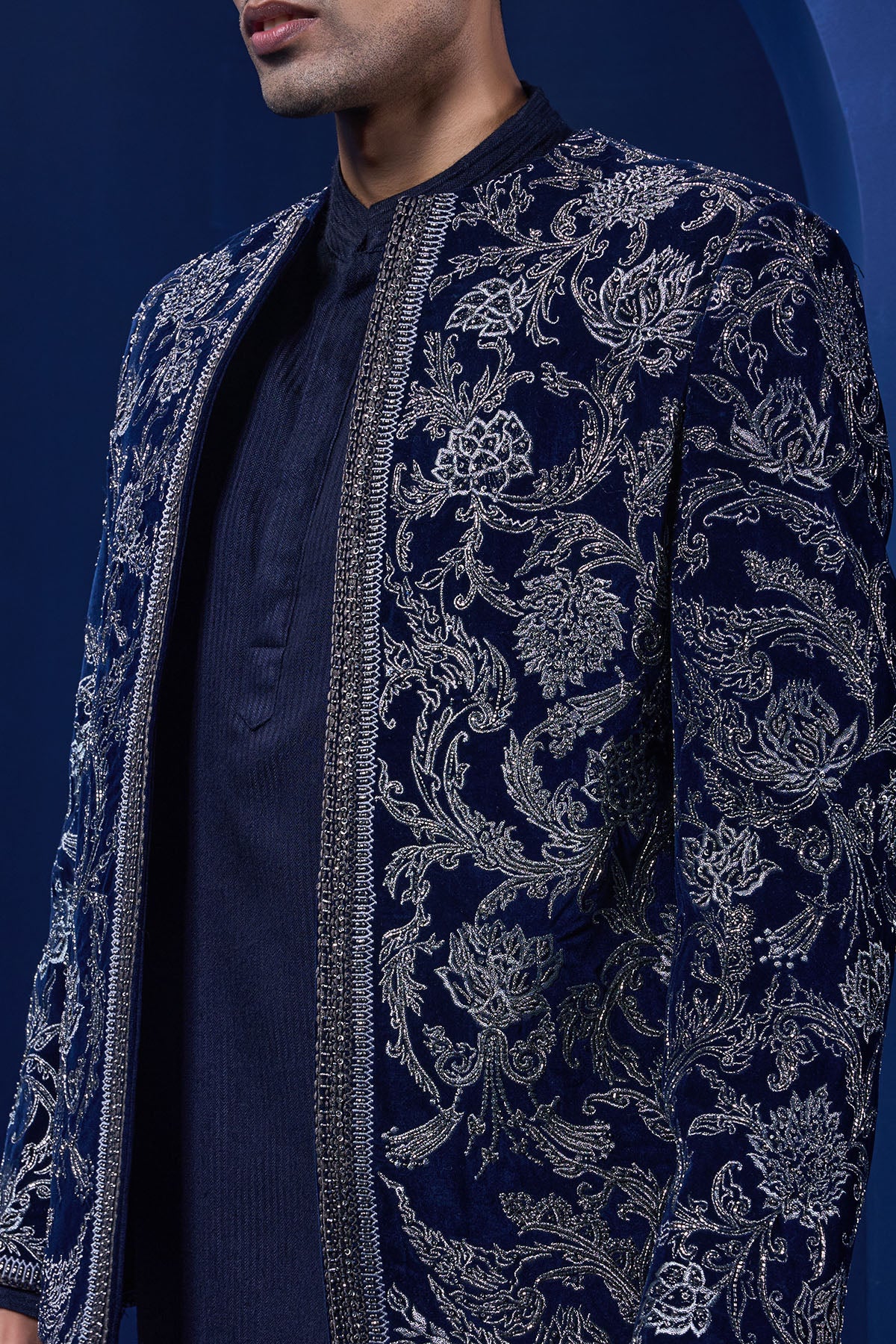 Navy Blue open bandhgala 
with silver zari , sequins & pearl
work