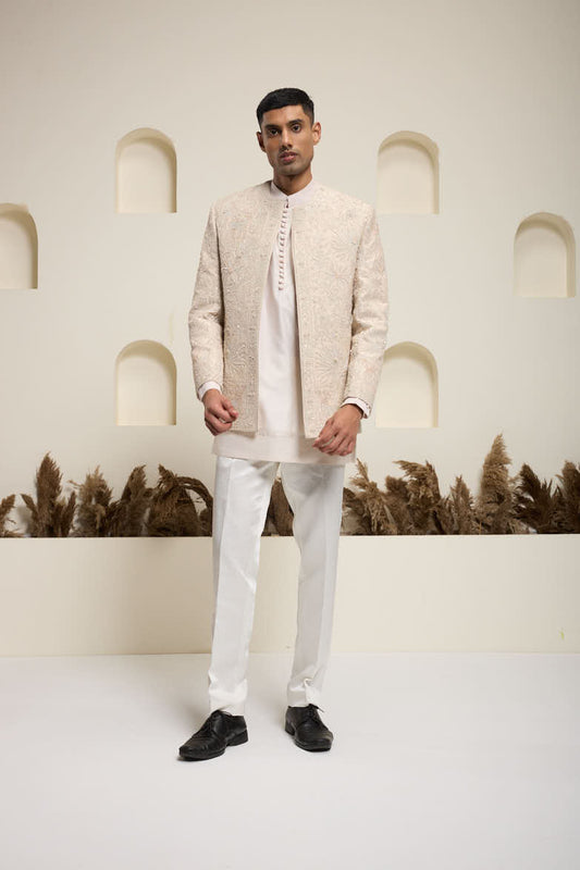 Dusty rose open bandhgala 
with thread , sequins & pearl
work