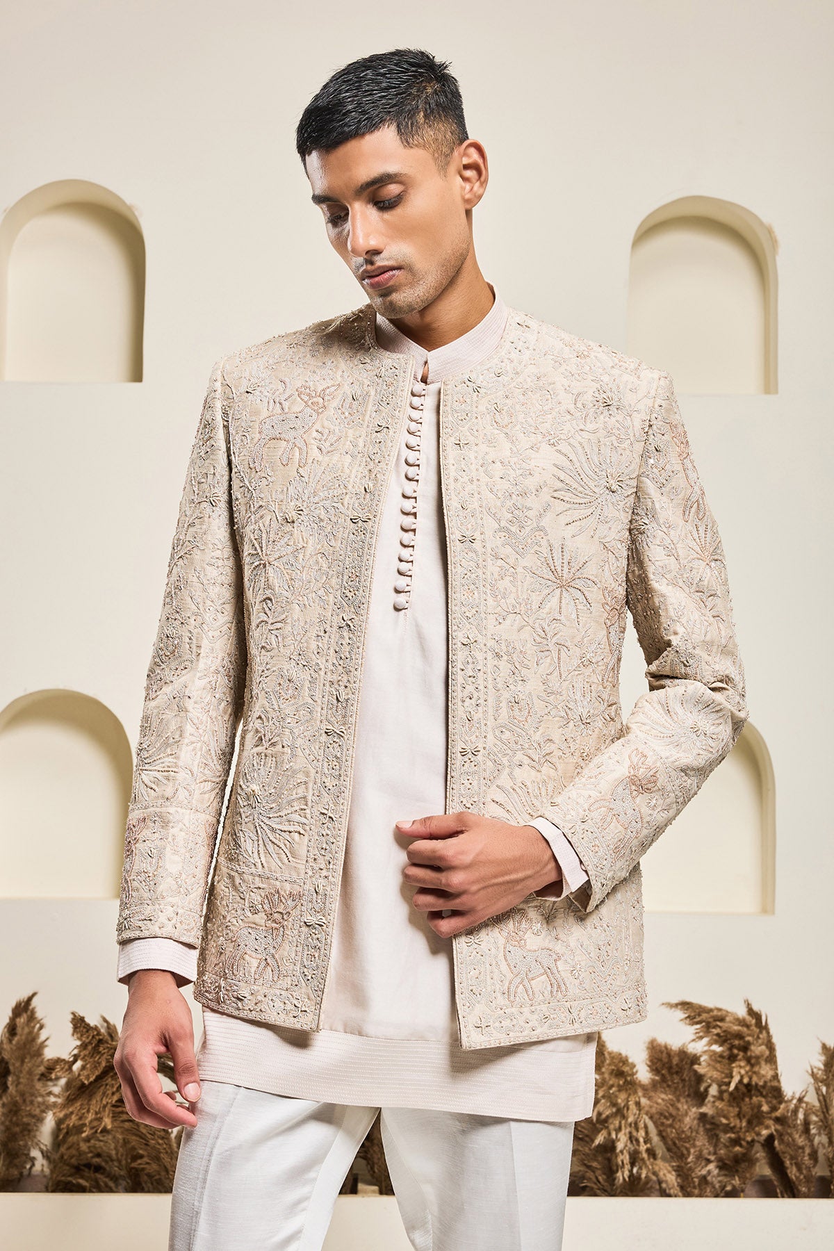 Dusty rose open bandhgala 
with thread , sequins & pearl
work