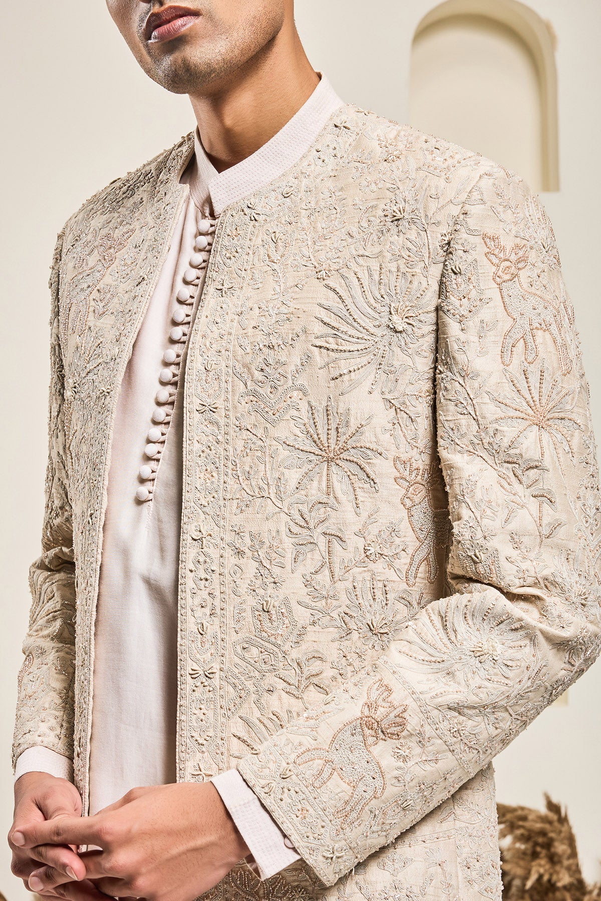 Dusty rose open bandhgala 
with thread , sequins & pearl
work