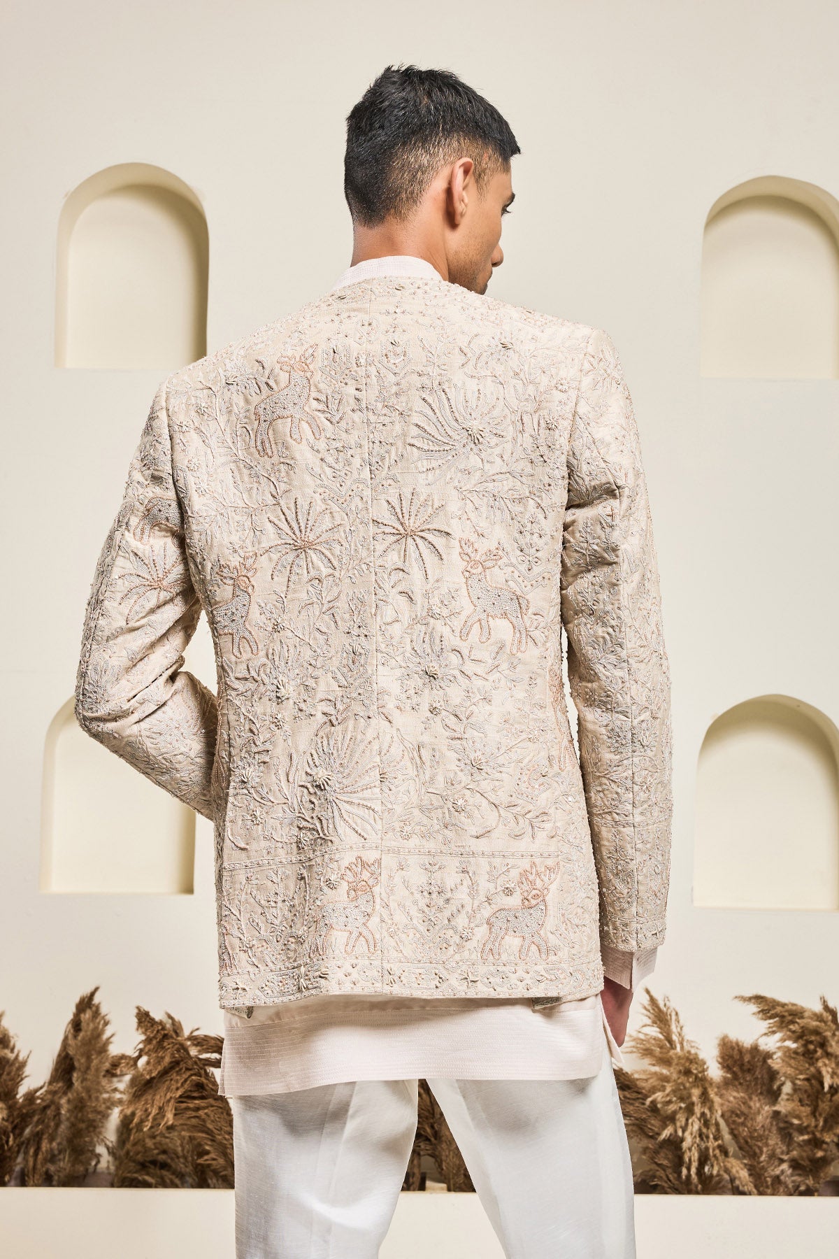 Dusty rose open bandhgala 
with thread , sequins & pearl
work