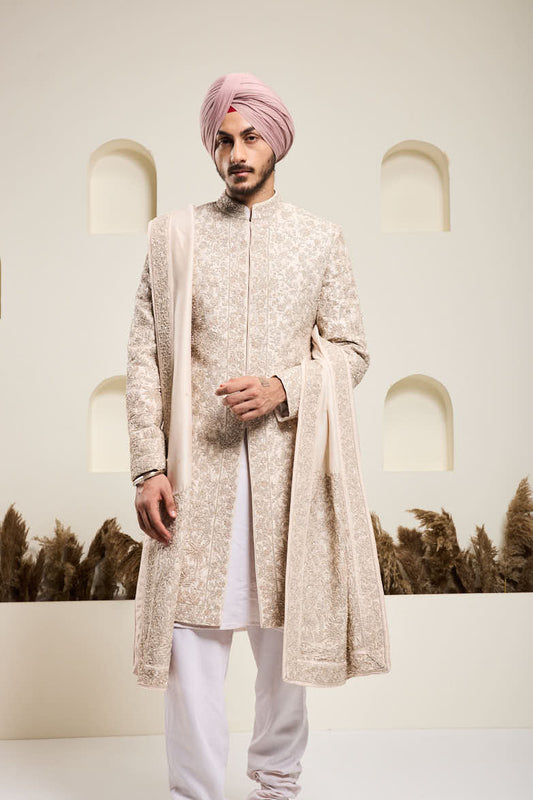 Dusty rose sherwani with pearl,sequins and zari work