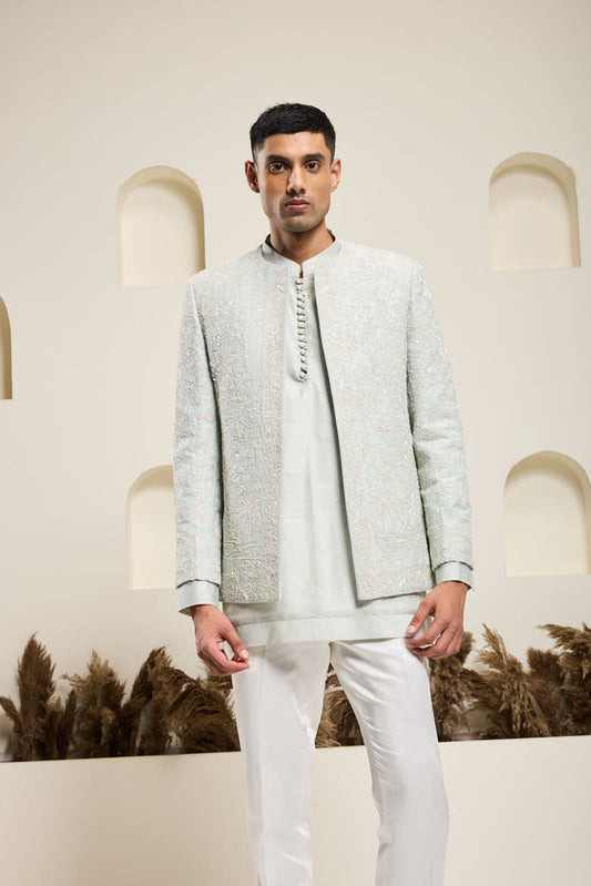 Iceblue open bandhgala 
with thread , sequins & pearl
work
