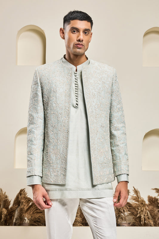 Iceblue open bandhgala 
with thread , sequins & pearl
work