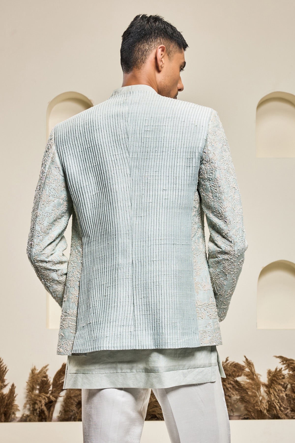 Iceblue open bandhgala 
with thread , sequins & pearl
work
