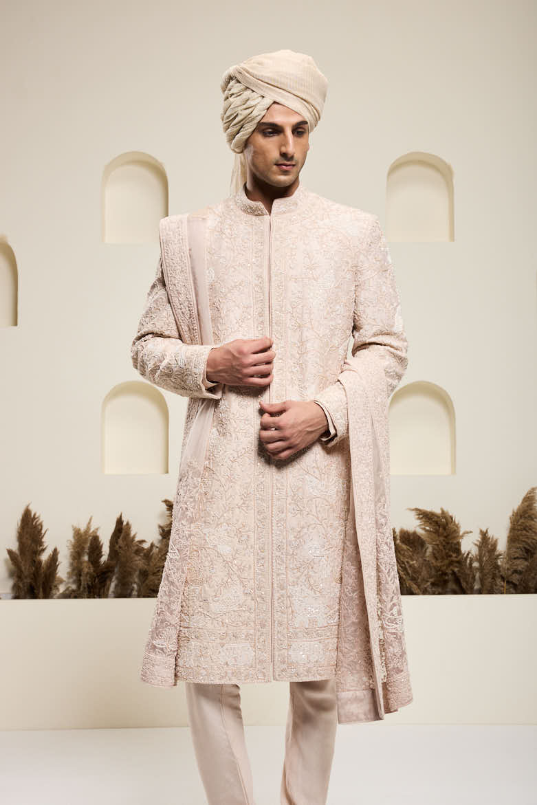 Dusty rose sherwani with pearl and thread work