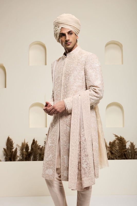 Dusty rose sherwani with pearl and thread work