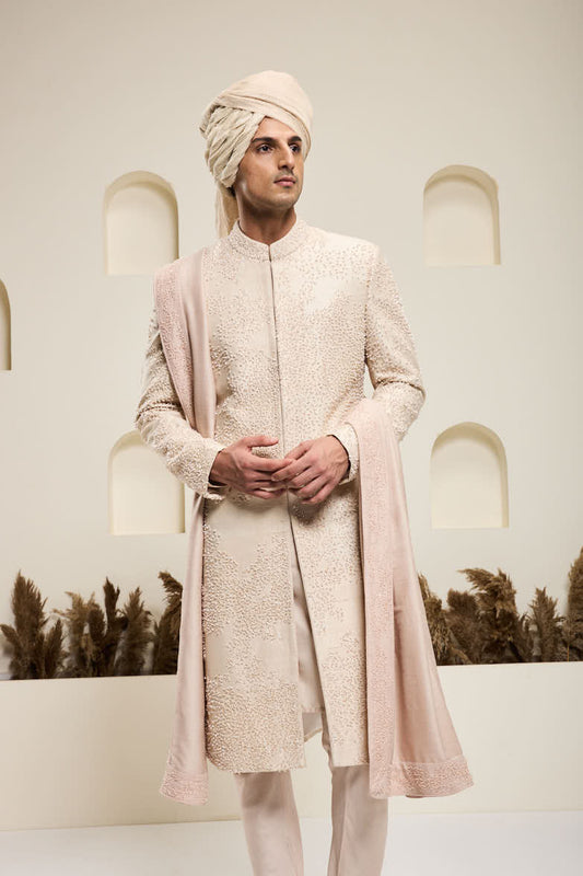 Dusty rose sherwani with pearl and cutdana
