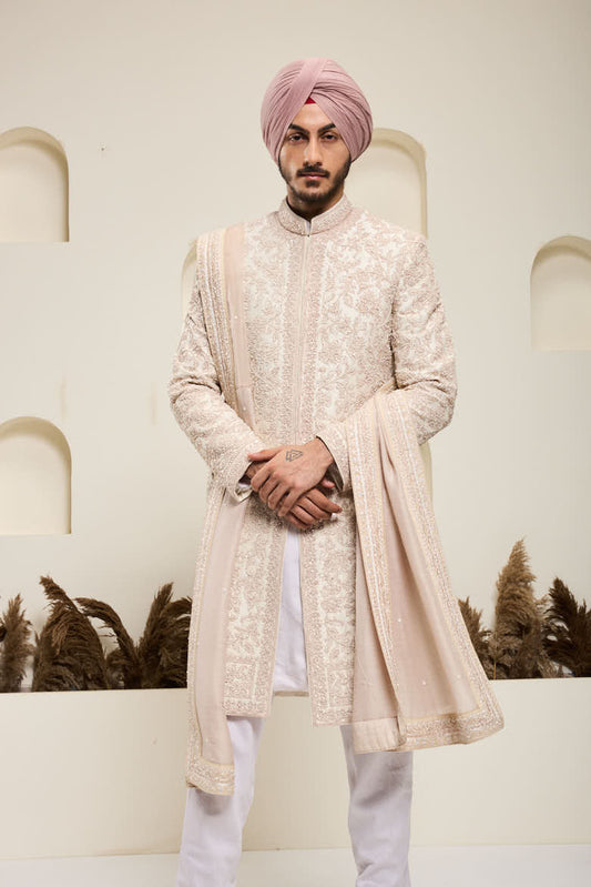 Dusty rose sherwani with pearl and sequins work