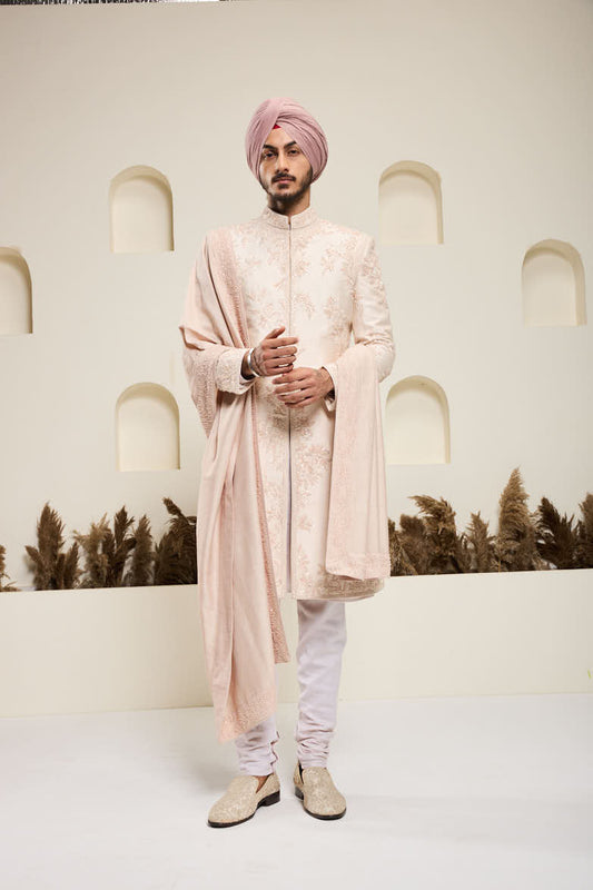 Dusty rose sherwani with pearl,sequins, critical and spring work