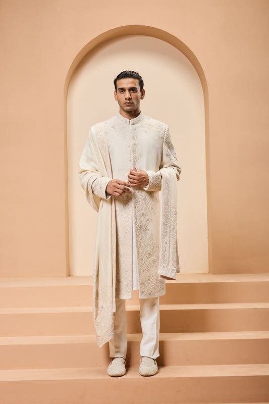 Ivory sherwani with pearl,sequins and resham thread work