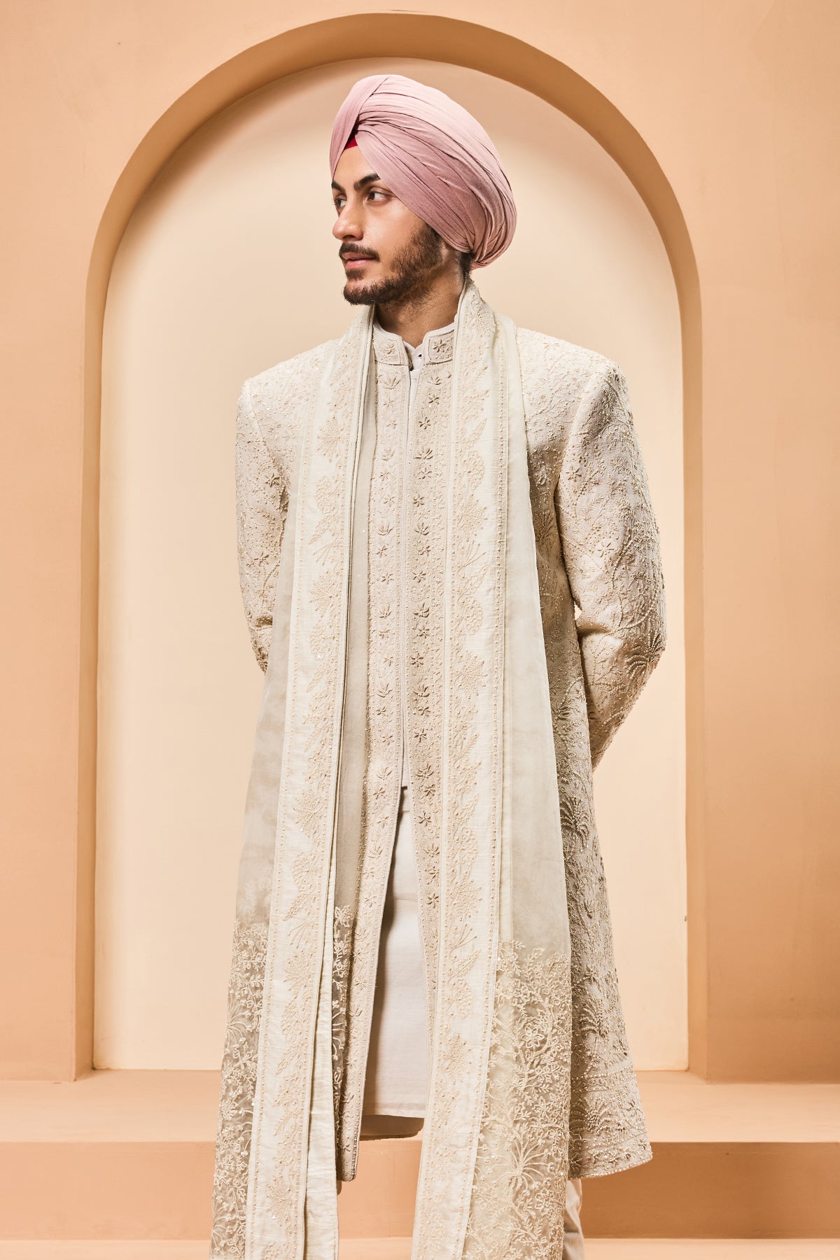 Ivory sherwani detailing with pearl,sequins and thread work