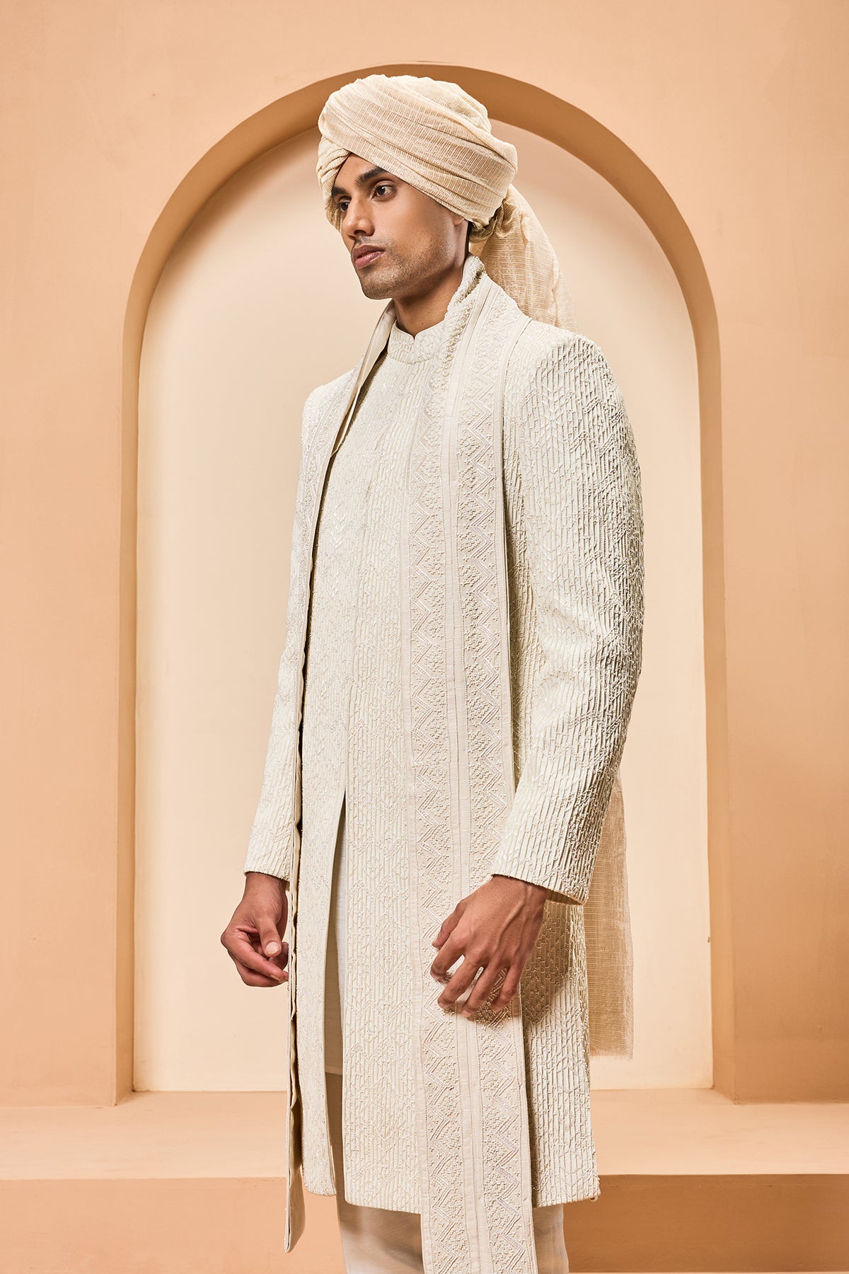Ivory sherwani detailing with pearl,sequins and thread work