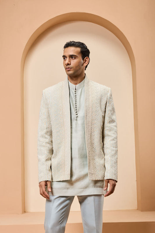 Powder blue open bandhgala 
with thread , sequins & pearl
work