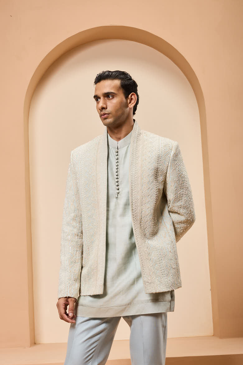 Powder blue open bandhgala 
with thread , sequins & pearl
work