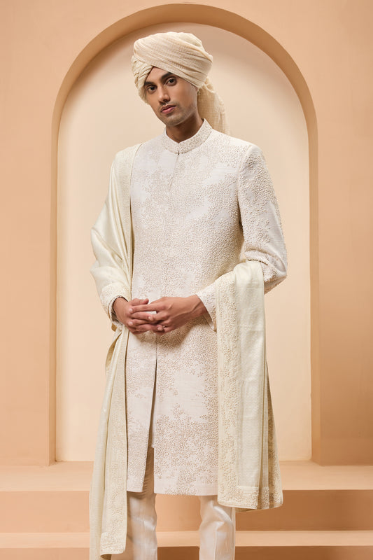 Ivory sherwani detailing with pearl,sequins and thread work
