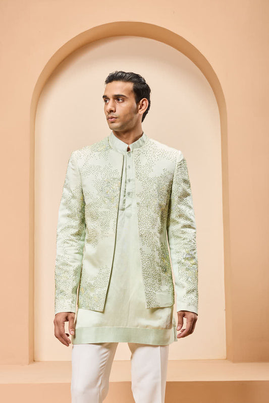Green open bandhgala 
with thread , sequins & pearl
work