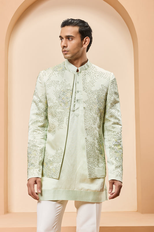 Green open bandhgala 
with thread , sequins & pearl
work