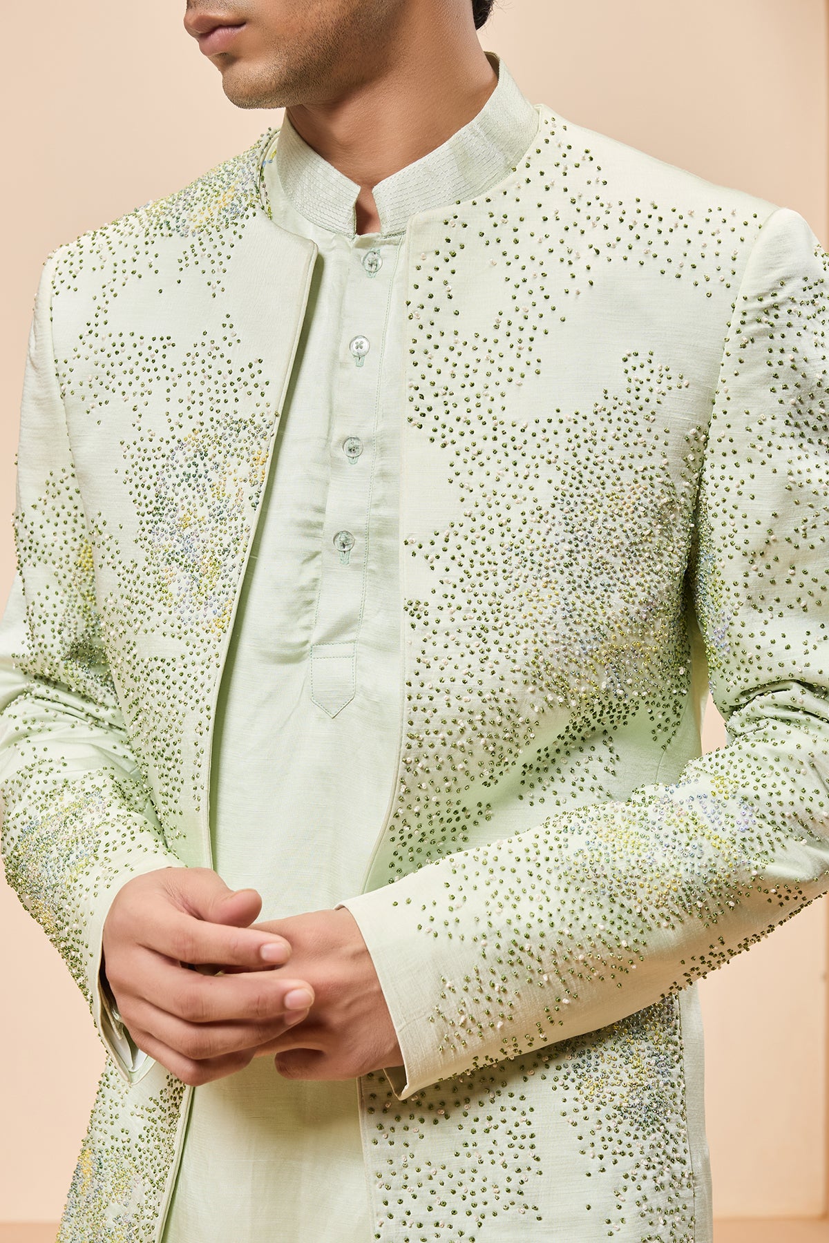 Green open bandhgala 
with thread , sequins & pearl
work