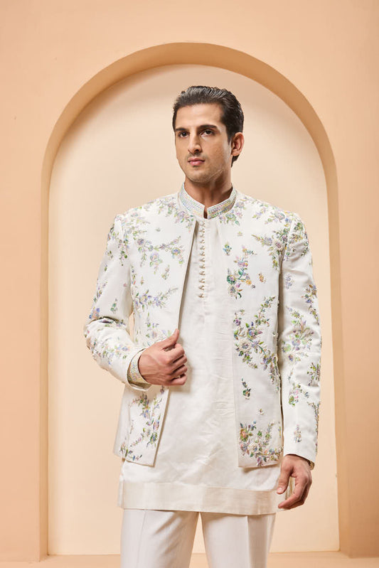 Ivory open bandhgala 
with thread , sequins & pearl
work