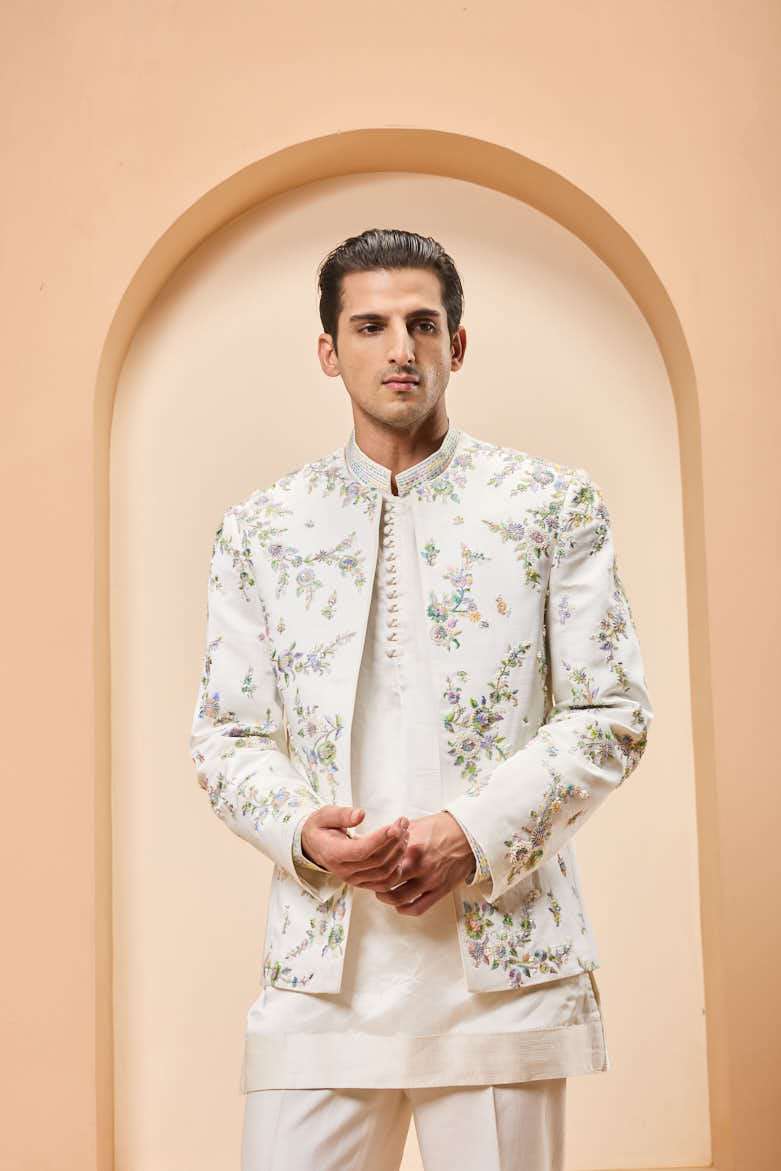 Ivory open bandhgala 
with thread , sequins & pearl
work