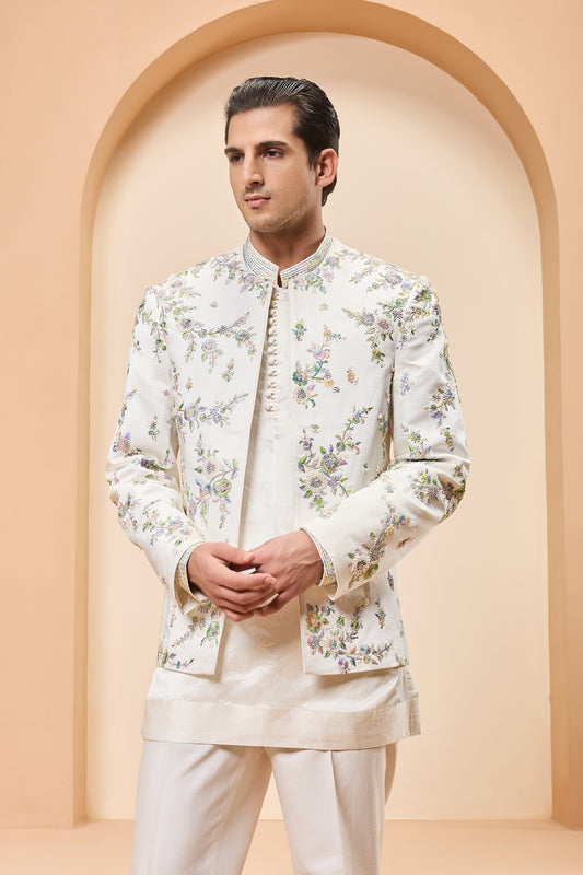 Ivory open bandhgala 
with thread , sequins & pearl
work