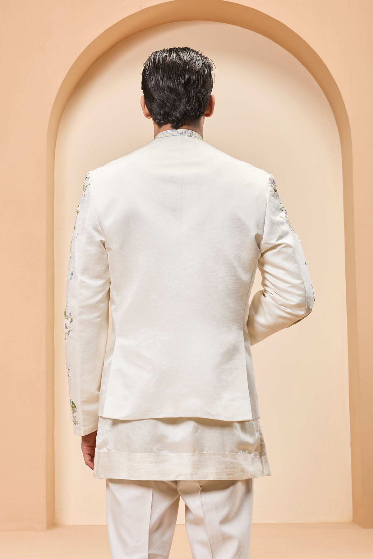 Ivory open bandhgala 
with thread , sequins & pearl
work
