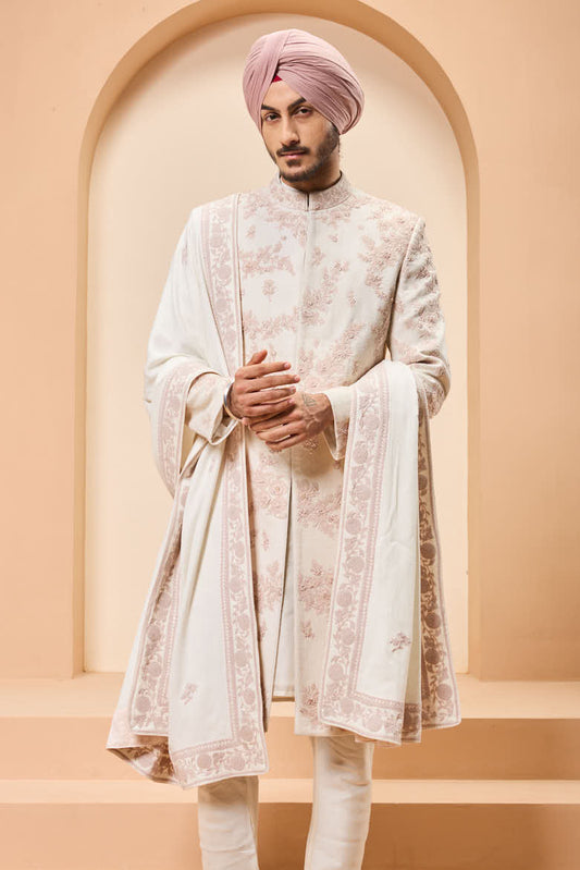 Ivory sherwani detailing with pearl,sequins and thread work