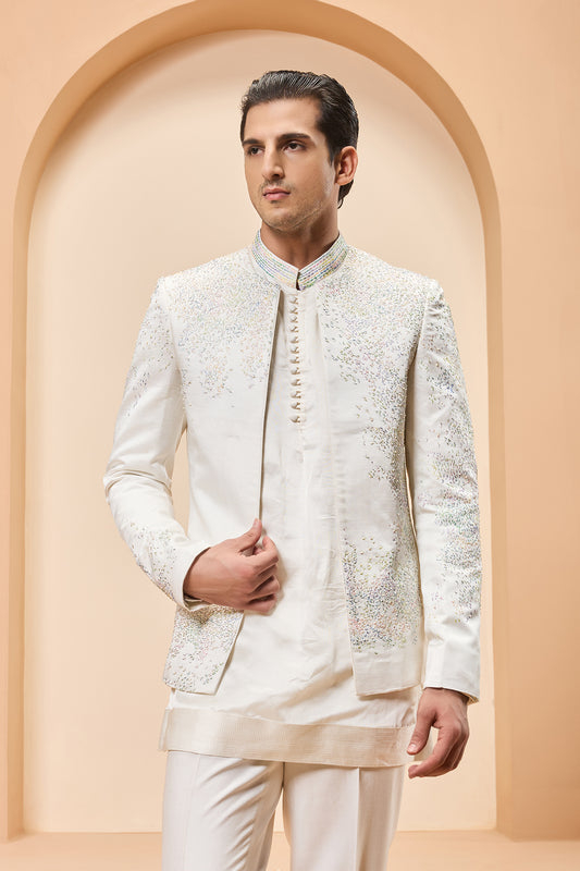 Ivory open bandhgala 
with thread , sequins & pearl
work