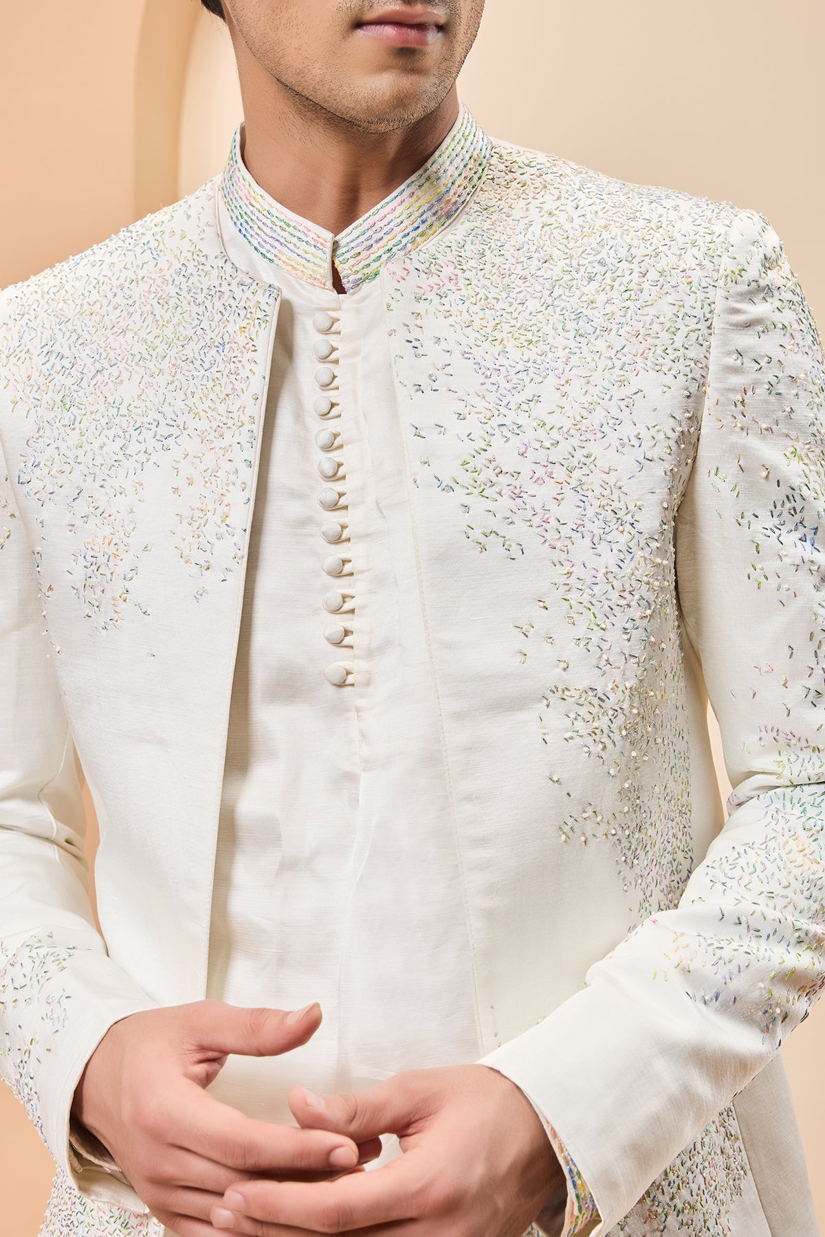 Ivory open bandhgala 
with thread , sequins & pearl
work