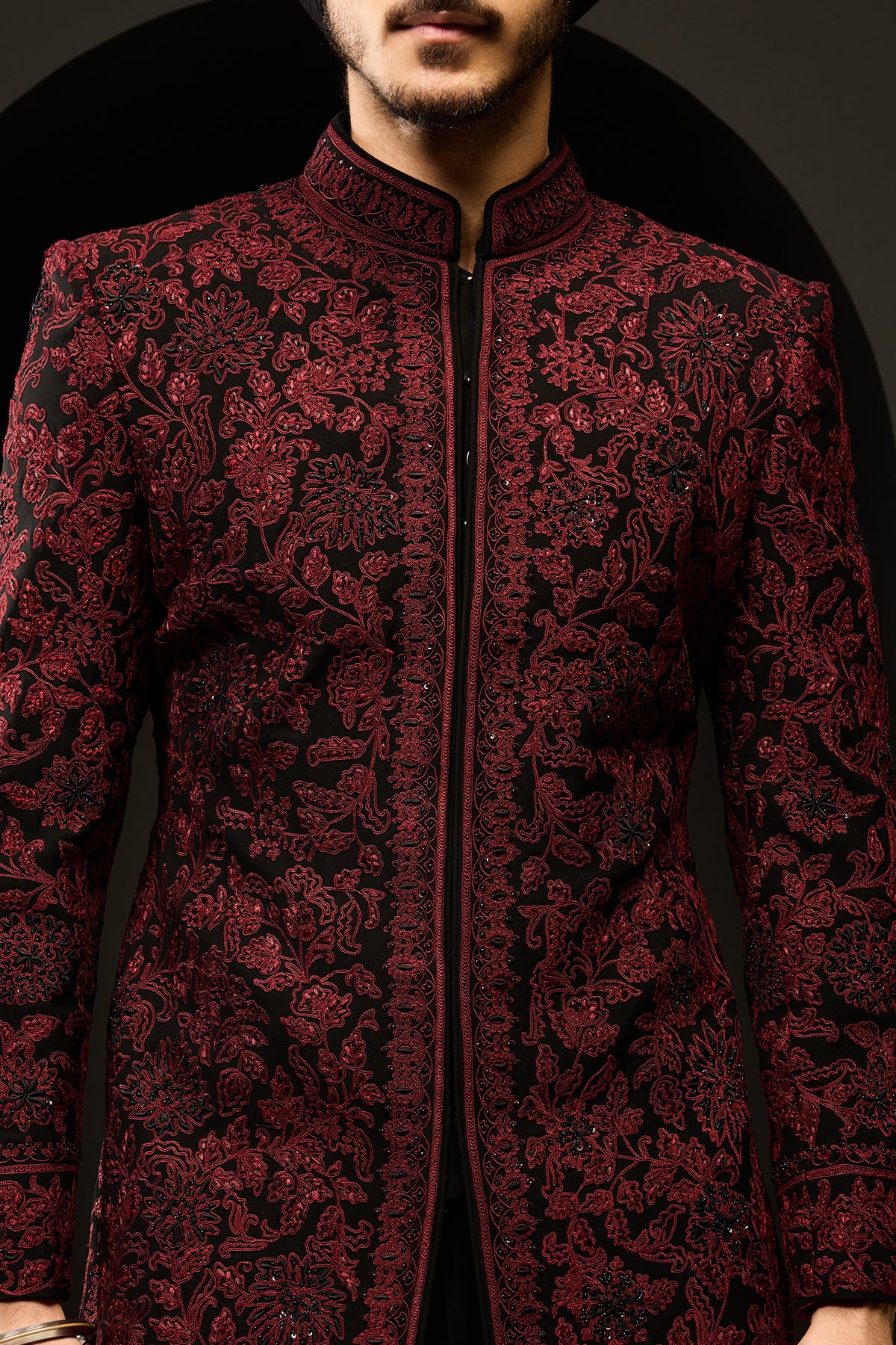 Black indo Western highlighting with sequins, pearls and wine thread work