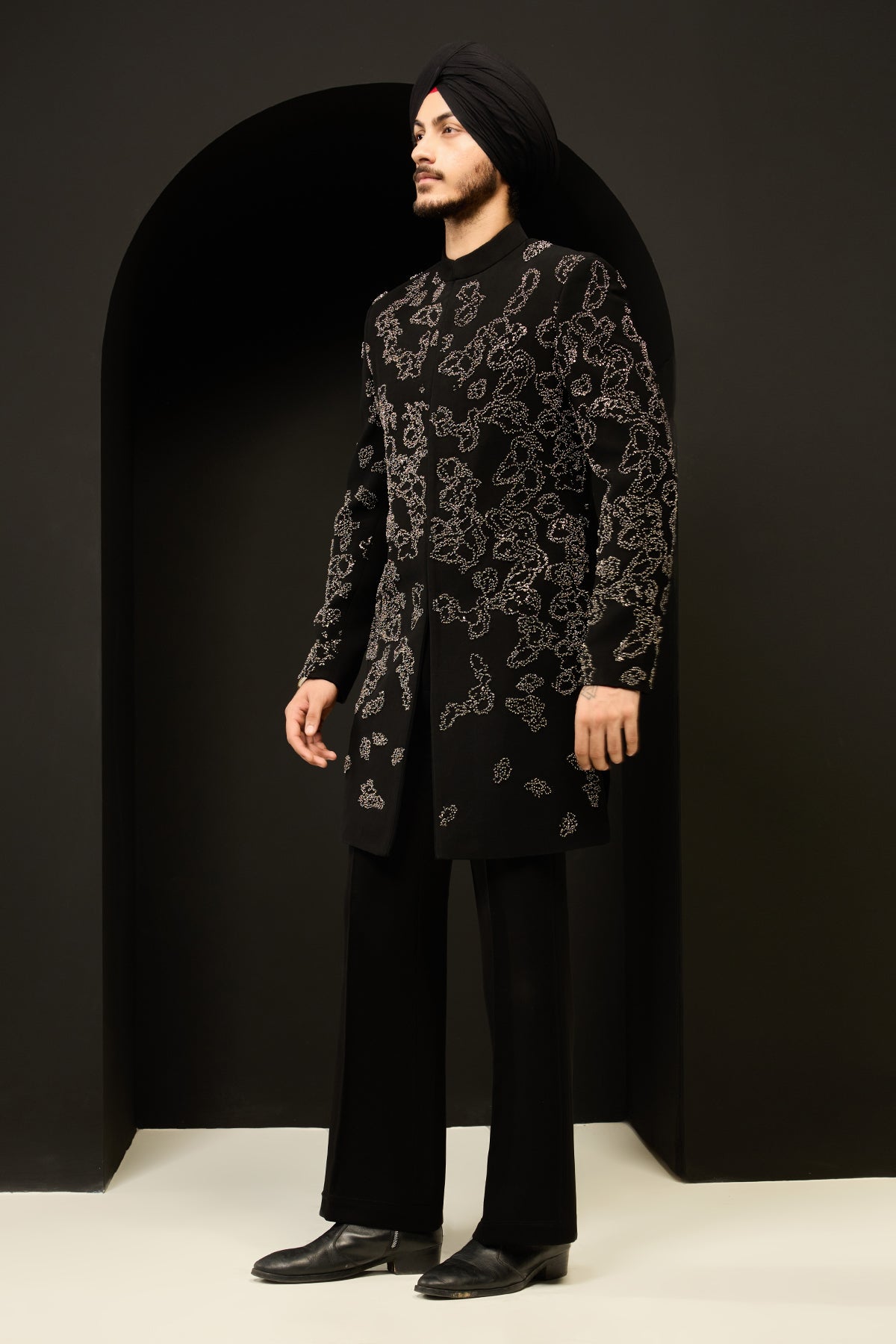 Black indo Western highlighting with pearls, sequins and cutdana