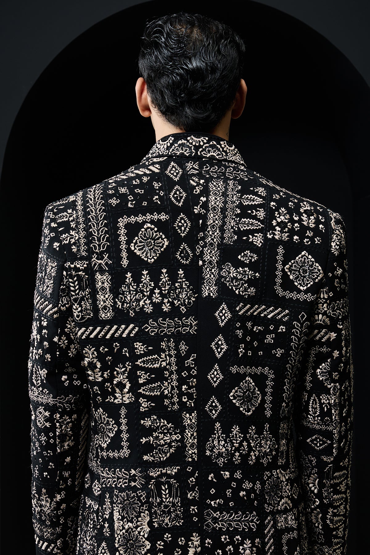 Black open bandhgala 
with thread,sequins & pearl
work