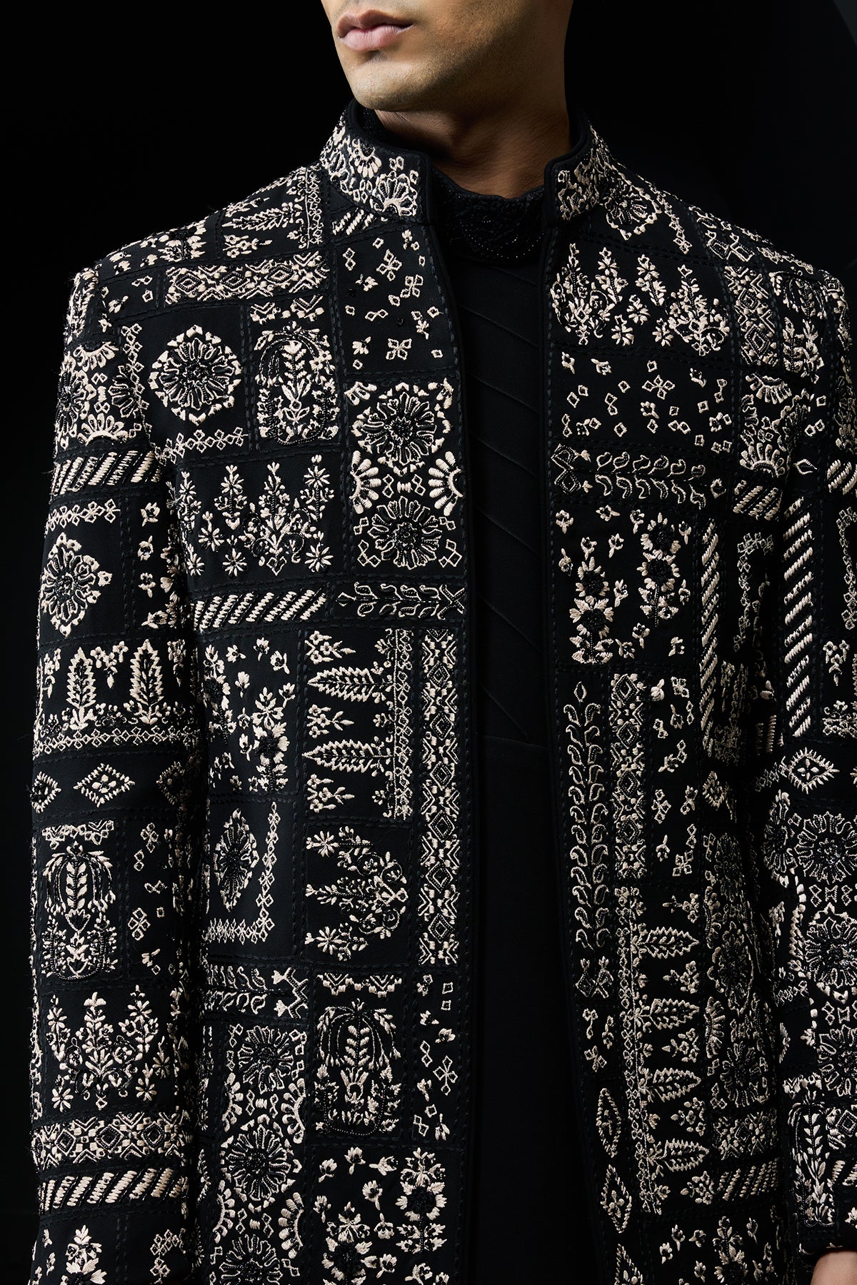 Black open bandhgala 
with thread,sequins & pearl
work