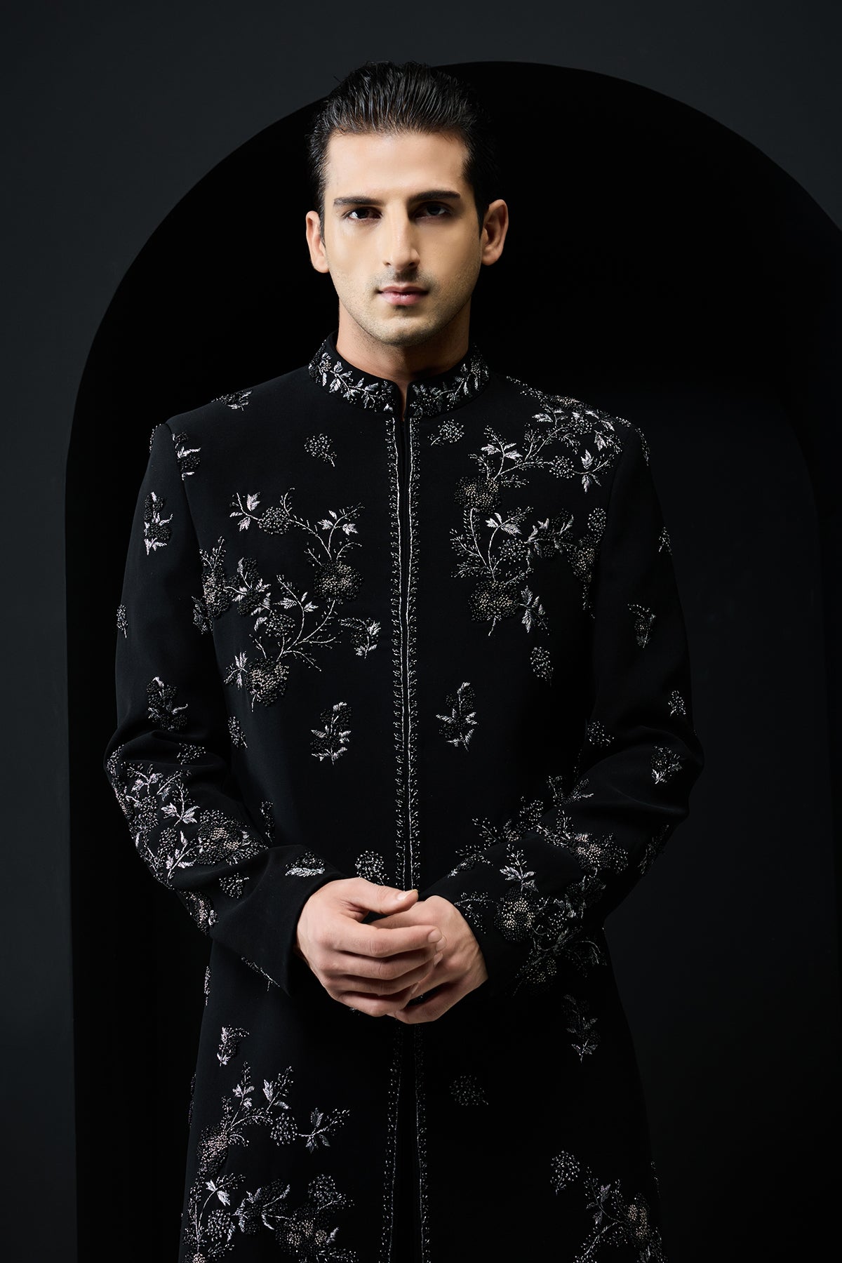 Black indo Western highlighting with silver zari, pearls and cutdana