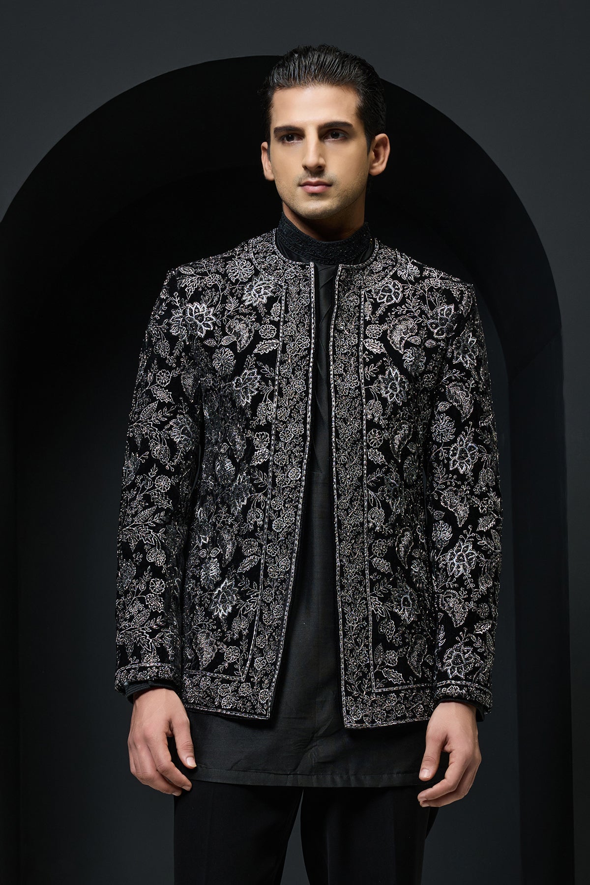 Black open bandhgala 
with silver zari , sequins & pearl
work
