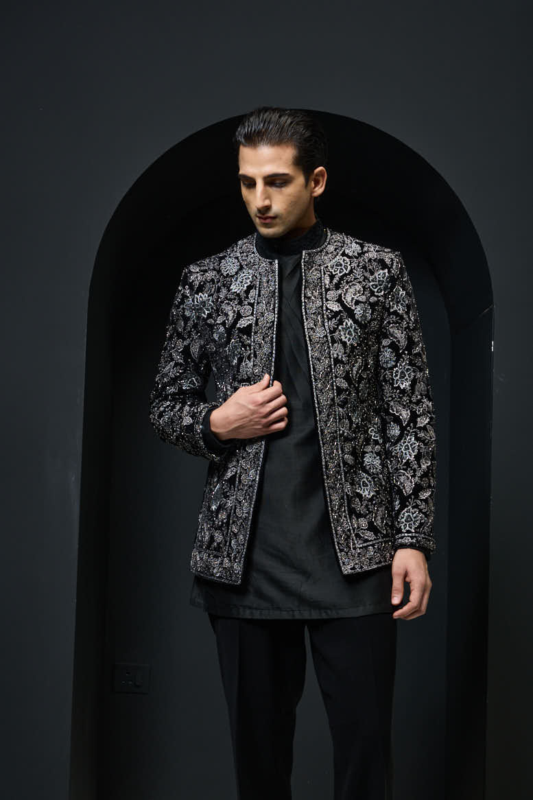 Black open bandhgala 
with silver zari , sequins & pearl
work