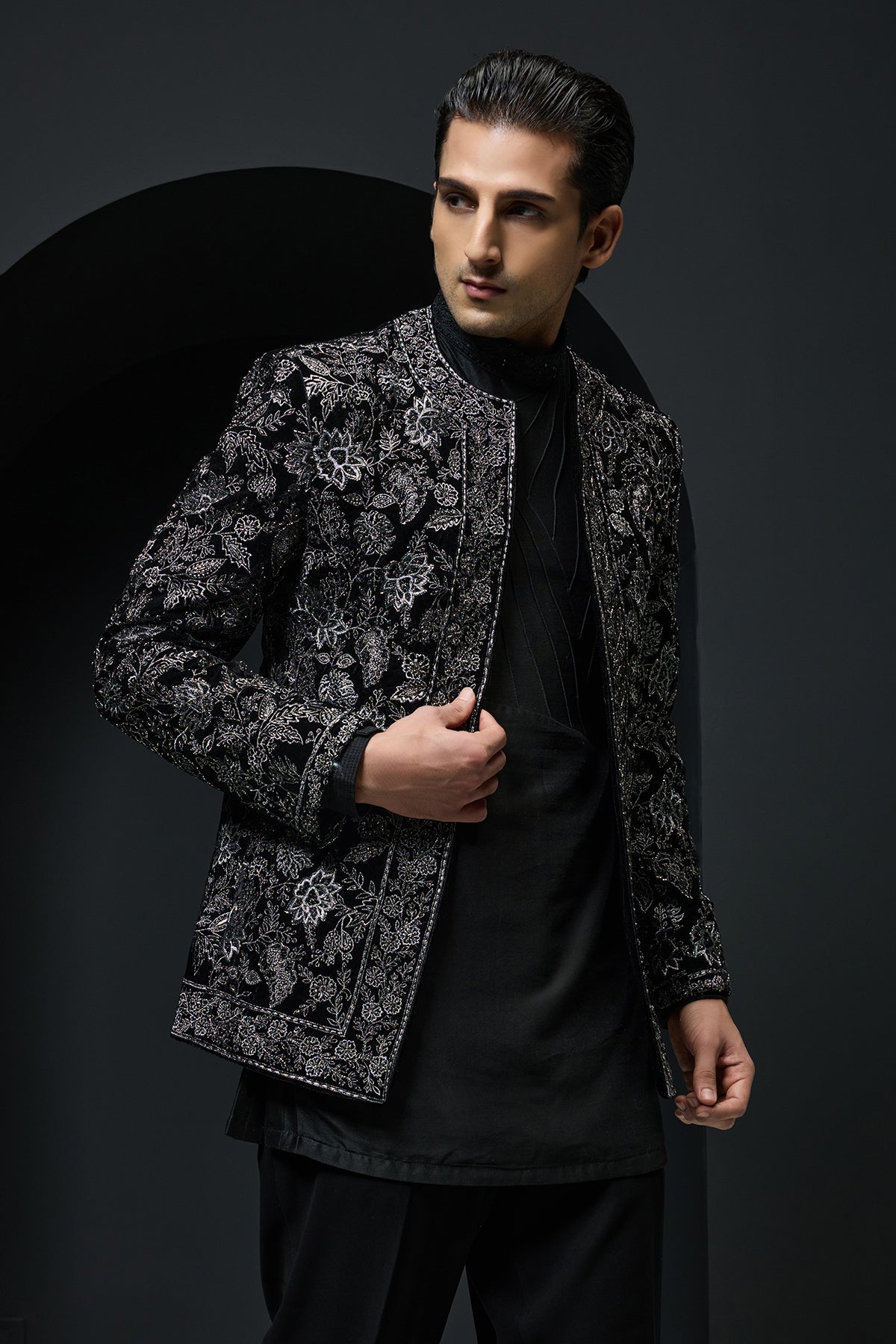Black open bandhgala 
with silver zari , sequins & pearl
work