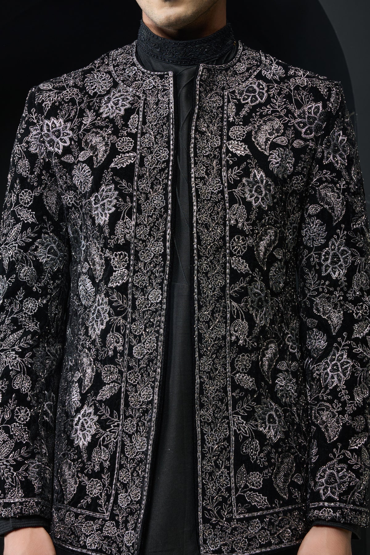 Black open bandhgala 
with silver zari , sequins & pearl
work
