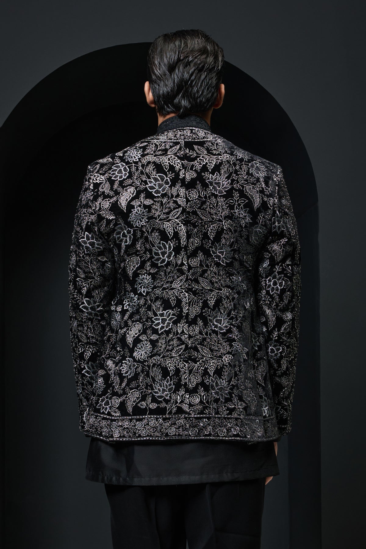 Black open bandhgala 
with silver zari , sequins & pearl
work