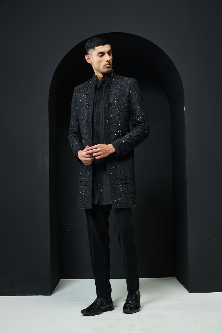Black open indo Western highlighting with pearls, sequins and thread work