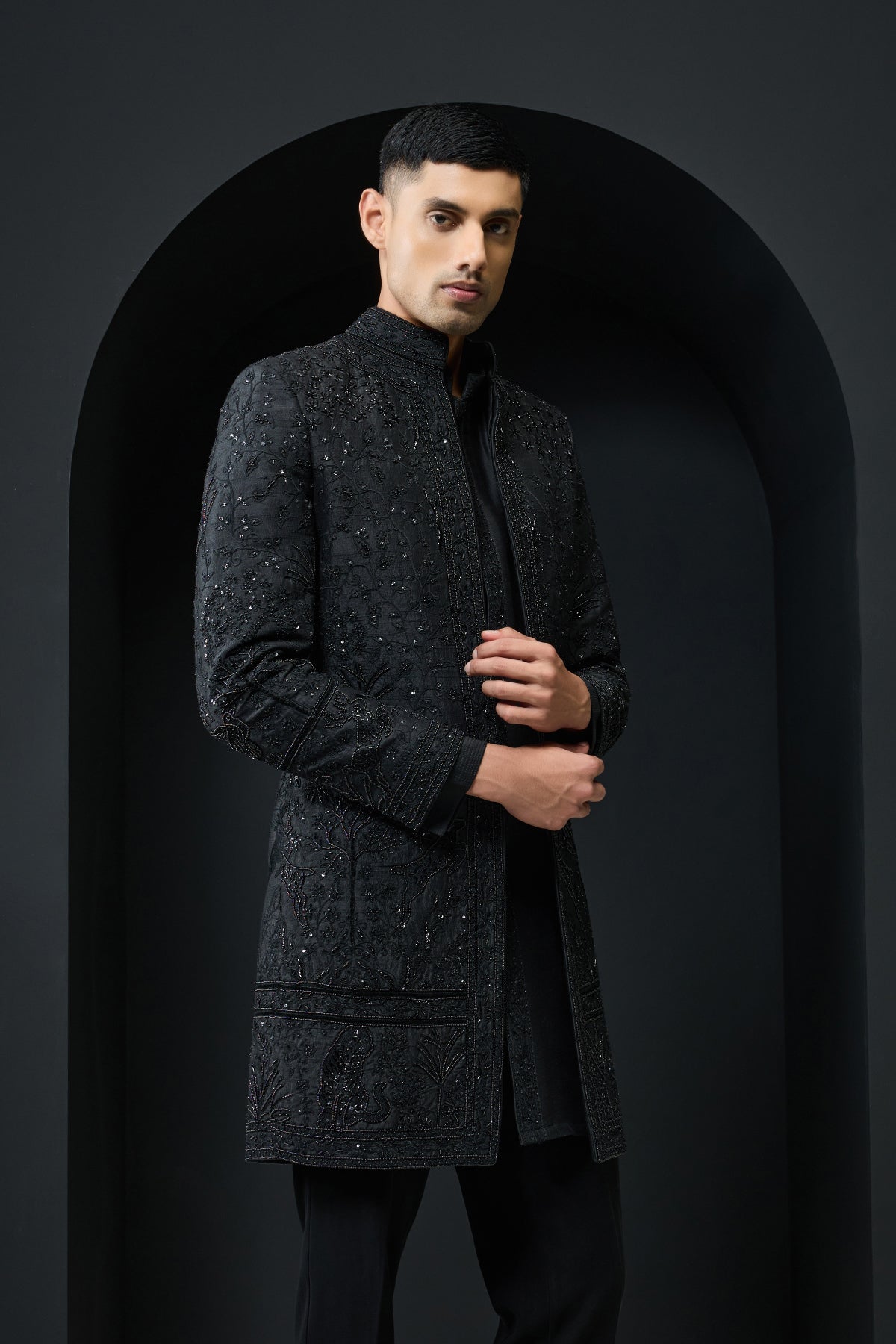 Black open indo Western highlighting with pearls, sequins and thread work