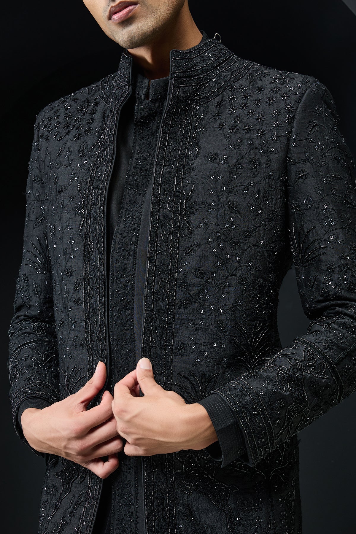 Black open indo Western highlighting with pearls, sequins and thread work