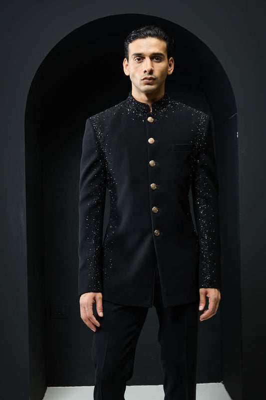 Black Bandhgala highlighted with pearls and sequins