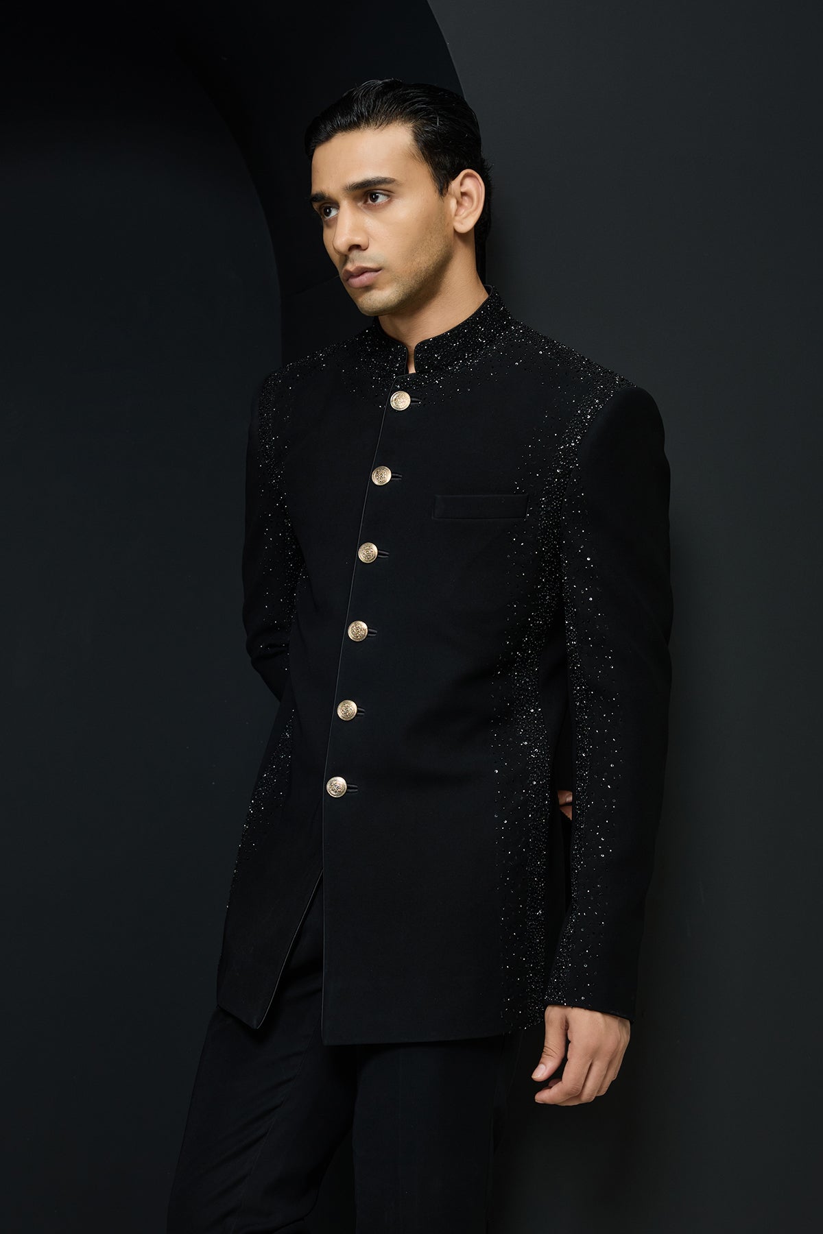 Black Bandhgala highlighted with pearls and sequins
