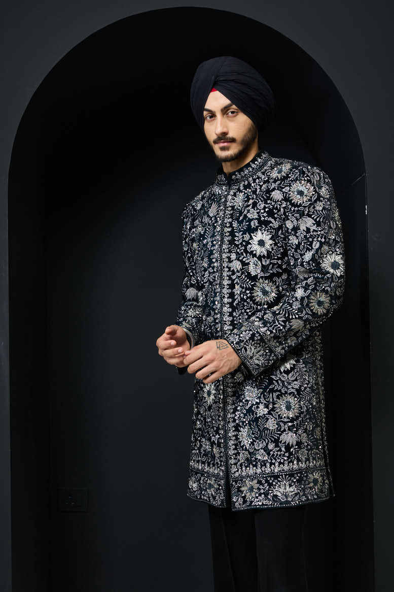 Teal Indo Western highlighted with pearl, sequins ,cutdana and spring thread work