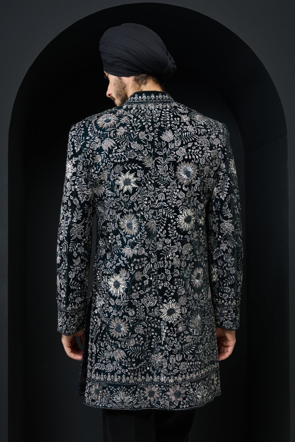 Teal Indo Western highlighted with pearl, sequins ,cutdana and spring thread work