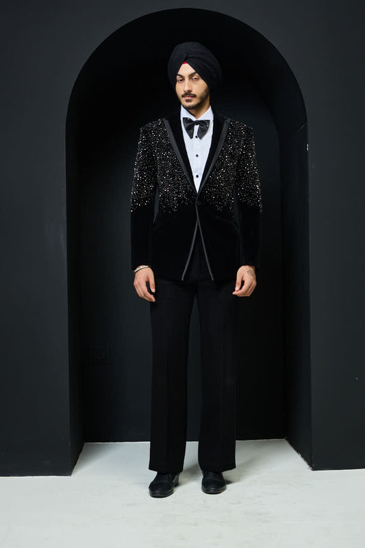 Black tuxedo highlighted with pearls and crystal